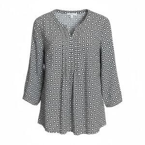 Croft & Barrow Geometric 3/4 Sleeve Button Pintuck Blouse Black White Size 1X